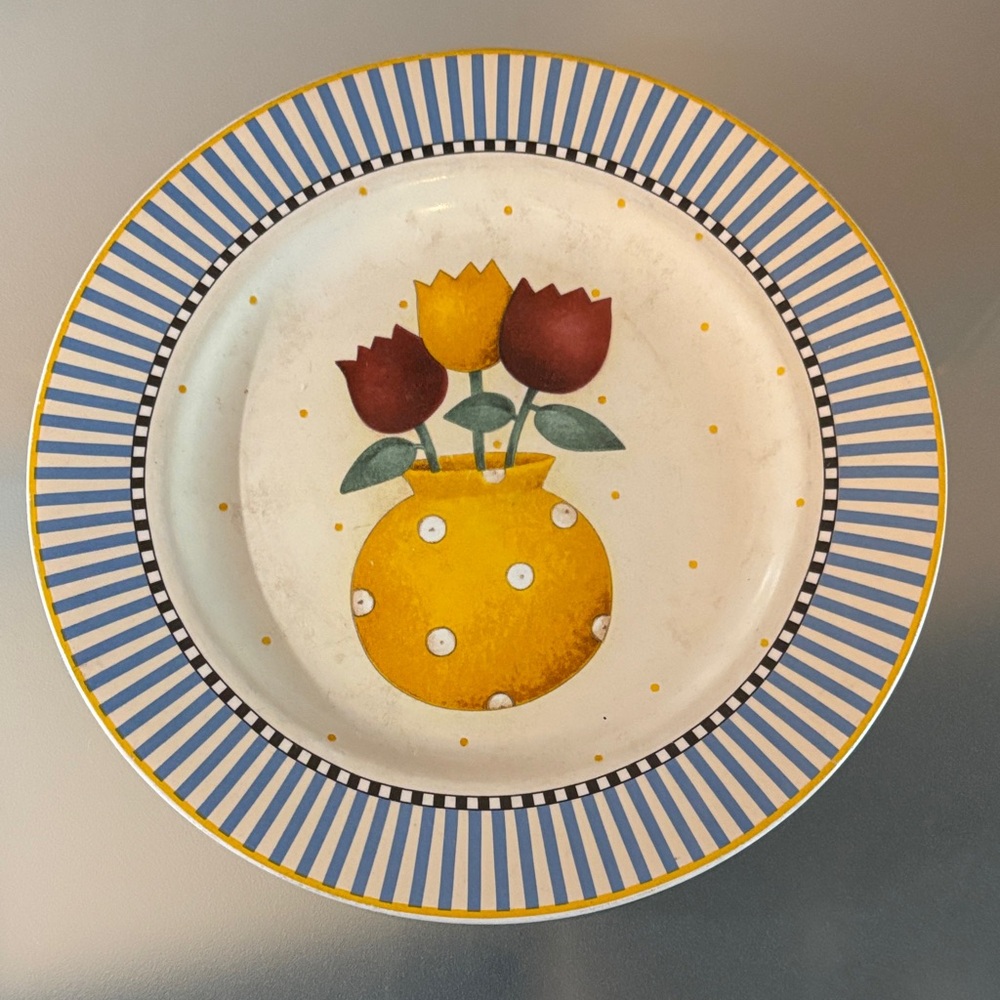 1998 Sakura Yellow and Blue Floral Ceramic Plate by Debbie Mumm